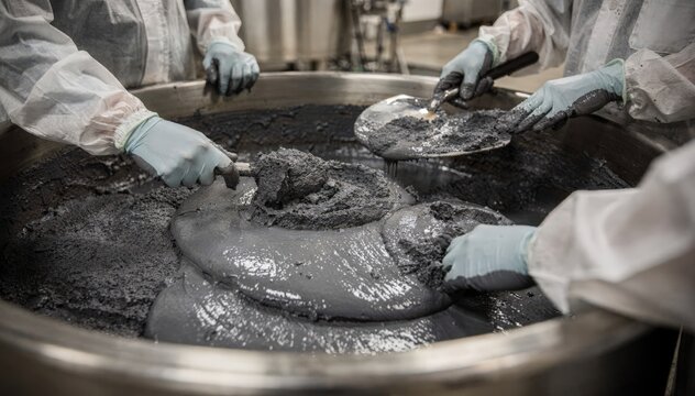 Closeup medium shot showcasing workers preparing antirust primer paste with phosphate pigments emphasizing careful blending and texture consistency in manufacturing.