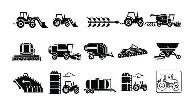 collection of agricultural machinery silhouettes high quality professional detailed modern elegant stylish clean crisp vibrant colorful digital creative innovative contemporary premium