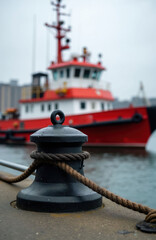 Fototapeta premium Stout tugboat painted red, white moored to concrete pier. Thick rope tied around black mooring bollard in foreground, securing vessel. Cloudy sky, industrial setting suggest working harbor