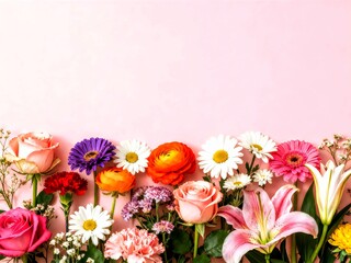 Fototapeta premium Collection of beautiful fresh flowers on pink background