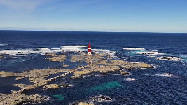 Aerial view of Haugjegla lighthouse near the village of Veiholmen in Smoela municipality, Norway.