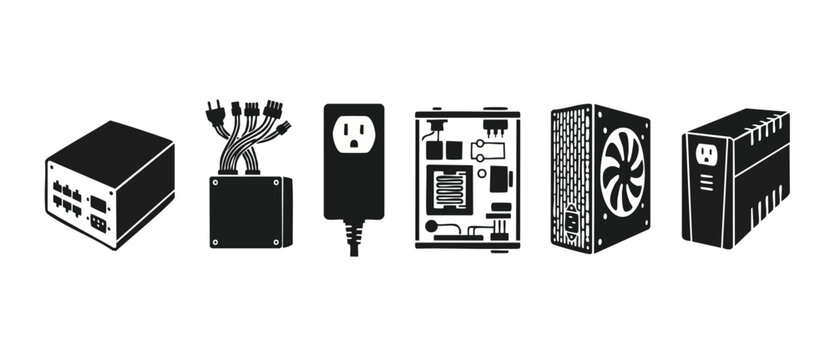 Computer Power Supply Icons Set - Hardware Components, AC Adapter, UPS Backup Unit and PC Cables Symbols for Technical Infrastructure, Electronics and IT Infrastructure Industry Design Isolated Collec