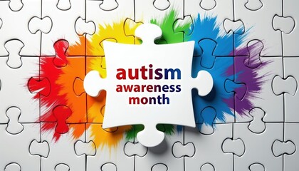 Fototapeta premium Puzzle pieces form a background with rainbow paint splashes. Central puzzle piece reads autism awareness month. Support, understanding, and acceptance concept.