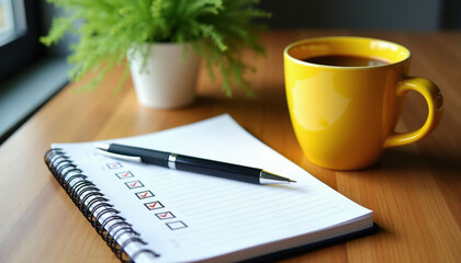 Fototapeta premium Yellow mug with coffee sits next to open notebook with checklist and pen. Green plant in pot on wooden table. Organized desk for productive work session.