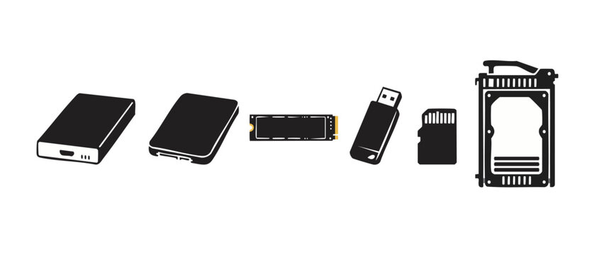 Computer Storage Devices Icons Set, Hard Drive SSD and USB Flash Drive Symbols for Digital Data Backup and Hardware Infrastructure, Black Vector Collection of Peripheral Equipment for Technology Conce