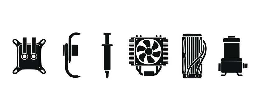 Computer Cooling System Icon Set, Liquid Cooling Hardware Components, Thermal Paste and CPU Heat Sink Symbols, PC Building Hardware Elements, Vector Graphic Black Silhouette Icons on White Background