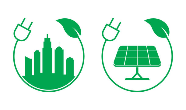 Green Energy City and Solar Panel Icons