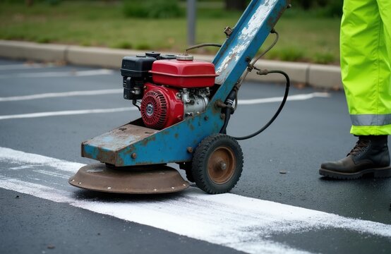 Worker applies white line paint on asphalt parking lot surface with machine. Person uses road marking equipment. Safety vest and boots visible.