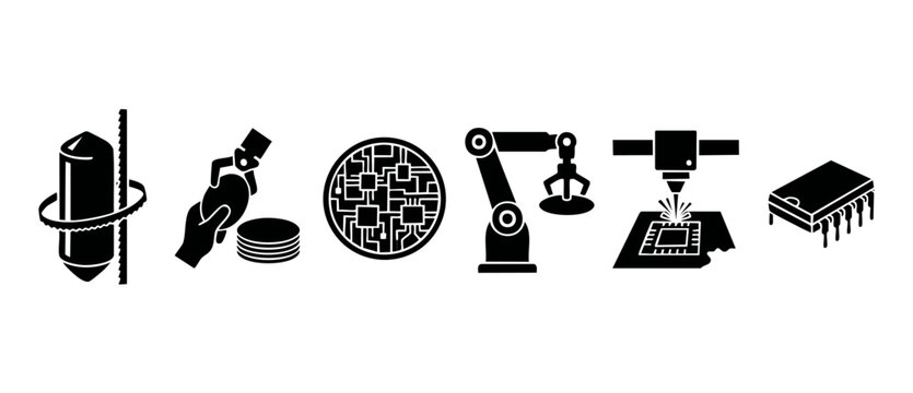 Semiconductor Manufacturing Process Icons Set, Wafer Fabrication and Robotic Automation Technology, Industrial Production Symbols for Electronics Engineering, Silicon Chip Assembly and Precision Machi