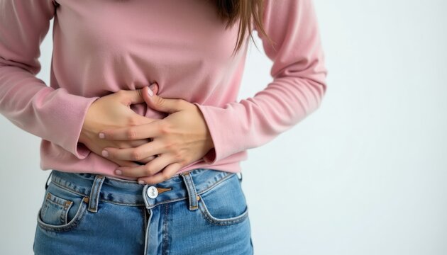 Woman clutches stomach in pain. She feels abdomen ache due to monthly cycle discomfort. Female suffers from cramps and distress during her period.