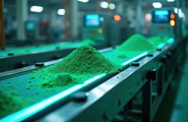 Naklejka premium Green powder moves on automated conveyor belt in modern factory. Futuristic production line processes materials. Machines and screens show data analytics, advanced tech.