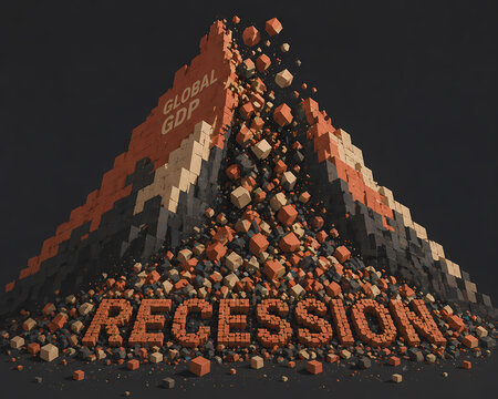 The global GDP is crumbling, forming the word recession from falling blocks.
