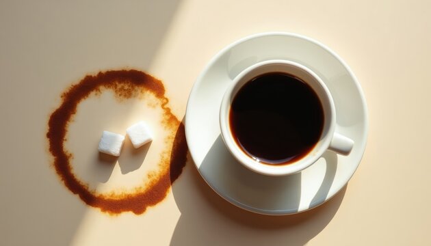 Black coffee cup on saucer with sugar cubes next to coffee ring stain. Morning drink ritual symbol of overcoming addiction and making healthy choices.