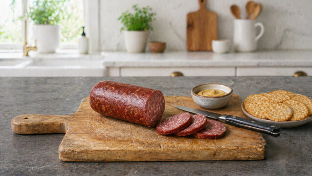 Sliced summer sausage rests on a worn wooden board with crackers, mustard, and a knife in a bright kitchen setting.
