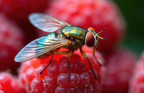 Male spotted wing drosophila fruit fly on ripe red raspberry. Insect pest damages ripe summer berries. Close macro view shows details of this agricultural threat.
