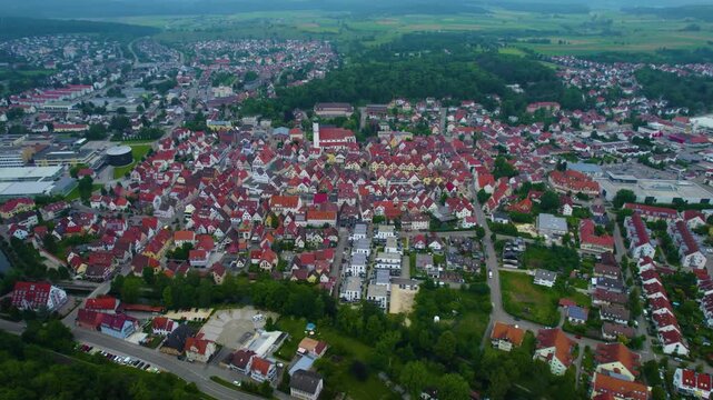 Aerial view of the city Giengen in Germany, Bavaria on a sunny day in Spring