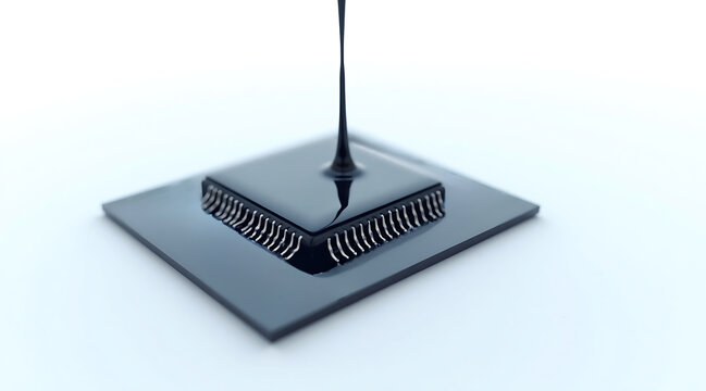 Crude oil microchip transformation black liquid pouring over electronic chip creating glossy coating and reflection, dramatic technological concept