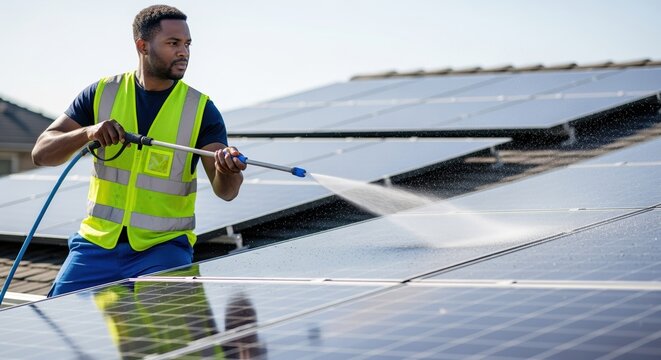 maintenance worker cleaning solar panels on a sunny day with hose for optimal performance