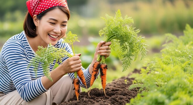 young asian woman harvesting fresh carrots in a sunny vegetable garden, smiling with joy
