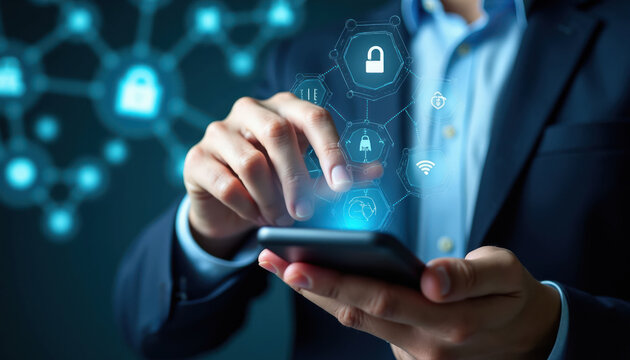 Man in suit uses smartphone interacting with digital security network overlay. Icons show locks, wifi, and data, suggesting cyber protection and tech management.