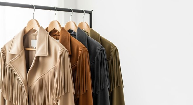 stylish fringed jackets hanging on wooden hangers in minimalist wardrobe setting