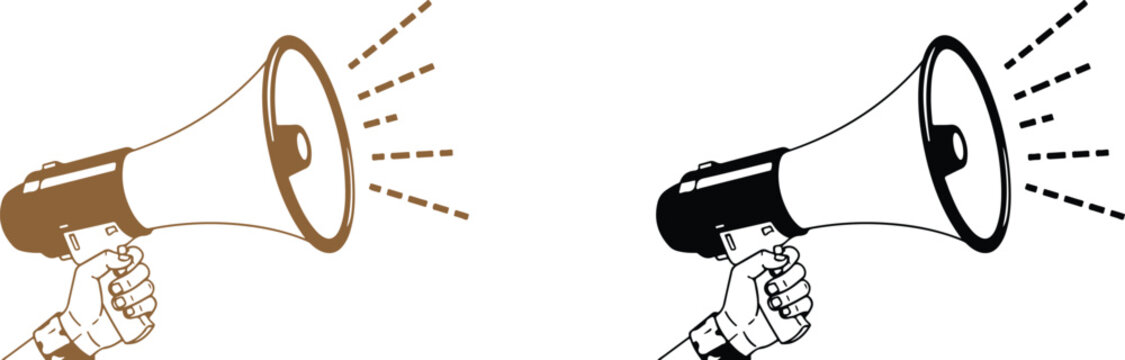 Two hands holding megaphones with sound waves emitting from them in brown and black colors on transparent background for communication and announcement purposes