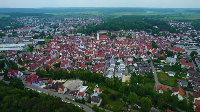 Aerial view of the city Giengen in Germany, Bavaria on a sunny day in Spring