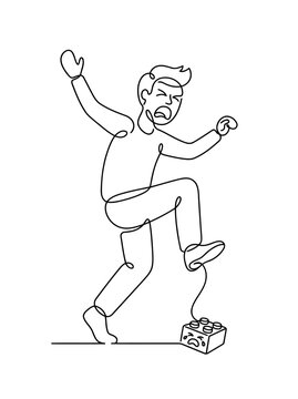 Minimalist Continuous Line Drawing of Person Stepping on LEGO Brick
