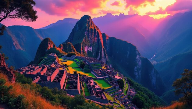 Ancient Inca citadel Machu Picchu ruins on mountain peak. Rich green terraces, stone structures, scenic valley below. Dramatic sunset sky with pink and orange clouds.