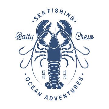Lobster fishing badge vector illustration salty crew ocean adventures nautical emblem for t shirt print sticker marine design isolated background