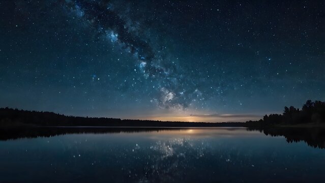 Milky Way Night Sky Reflected on Calm Lake Minimal Landscape with Copy Space