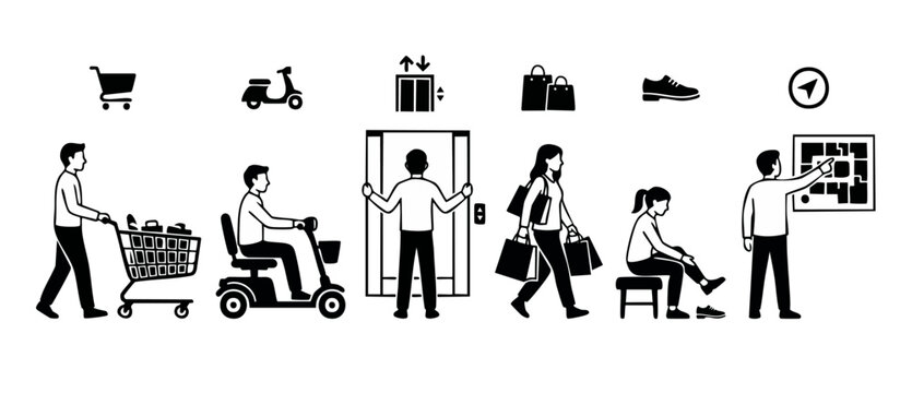 Shopping Mall People Icons Set, Customer Services and Navigation Activities in Black and White Flat Design for Retail Store Map, Signage, and Wayfinding Systems Guide, Minimal Vector Illustration
