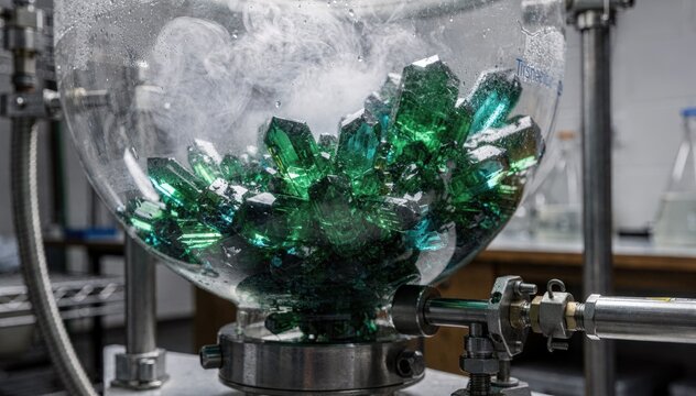 Green phthalocyanine pigment crystallizing within a hightemperature enclosed vessel highlighting industrial chemical processes in a laboratory setting.