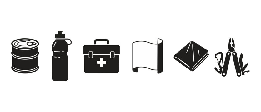 Survival Kit Icons Set, Emergency Preparedness Gear Vector Illustration. Essential disaster supply symbols including canned food, water bottle, medical kit, thermal blanket, tarp, and multi-tool equip