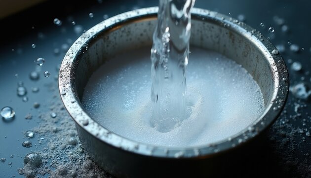 Water pours into metal bowl with white powder creating foam. Close up of chemical reaction creating soap ingredients. Liquid mixes with solid particles in laboratory setting for product creation.