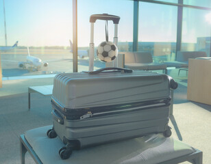 Suitcase with a soccer ball luggage tag sitting in a modern airport lounge near a large windows view.
