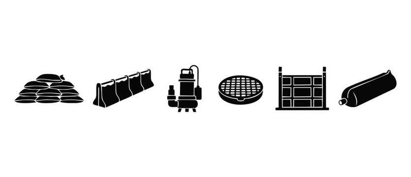 Flood Protection Equipment Icons Set, Emergency Water Barrier and Drainage Tools, Professional Flood Control Vector Graphics for Disaster Management Planning and Safety Infrastructure Systems Design