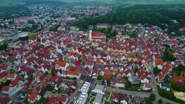 Aerial view of the city Giengen in Germany, Bavaria on a sunny day in Spring