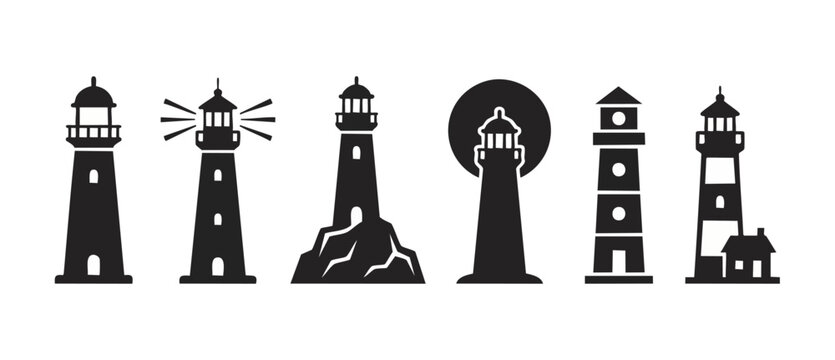 Lighthouse icon set collection, marine navigation symbols and coastal watchtower silhouettes, flat vector graphic design elements for nautical themes, maritime safety, sea voyage and shoreline warning