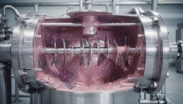 Medium shot of a scrapedsurface crystallizer focusing on the rotating mechanism that prevents crystal buildup and ensures uniform dye crystallization during batch processing.