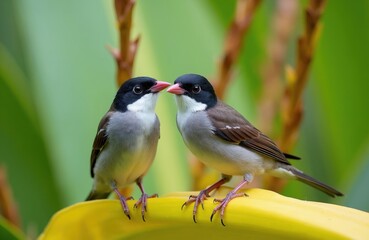 Obraz premium Two Java sparrows perch on a bright yellow leaf. Their heads touch as they face each other with pink beaks. Lush green foliage forms a soft backdrop. This is a wildlife closeup.