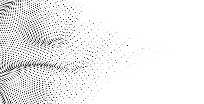 Abstract halftone dot wave pattern with flowing curved motion, monochrome particle texture forming organic depth and perspective for modern digital design and creative layouts