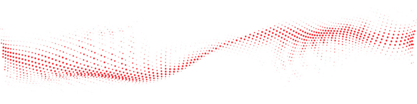 Abstract flowing wave pattern composed of numerous small red dots on a white background