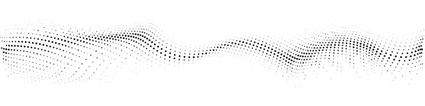 Abstract flowing wave pattern composed of numerous small black dots on a white background