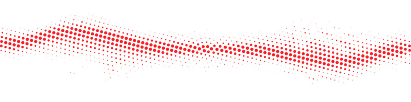 Red flowing halftone dot wave on white background, abstract particle gradient pattern for modern technology, data visualization, and digital design
