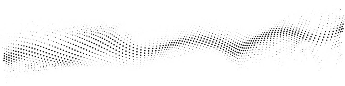 Abstract flowing wave pattern composed of numerous small black dots on a white background