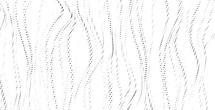 Vertical flowing halftone dot lines with soft distortion, abstract monochrome particle background for modern technology, data streams, and digital design