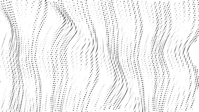 Wavy halftone dot columns with flowing motion, abstract monochrome particle texture background for digital design, technology, and dynamic data visualization