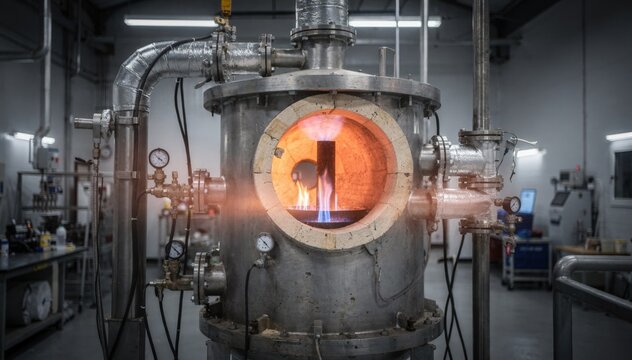 Medium shot focusing on a pilotscale carbon black reactor showing controlled flames and compact refractory lining as the system undergoes lowvolume testing.
