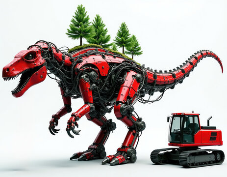 Giant red mechanical dinosaur with trees on back stands next to construction vehicle. Futuristic robot reptile displays complex wiring, metal parts. Concept art for industrial innovation, advanced